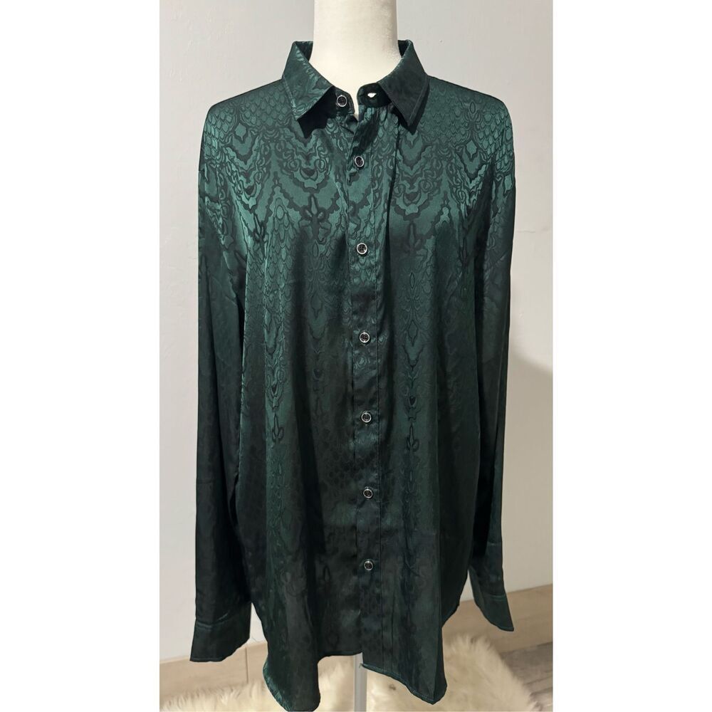 Zeroyaa green black print long sleeve button front blouse XL